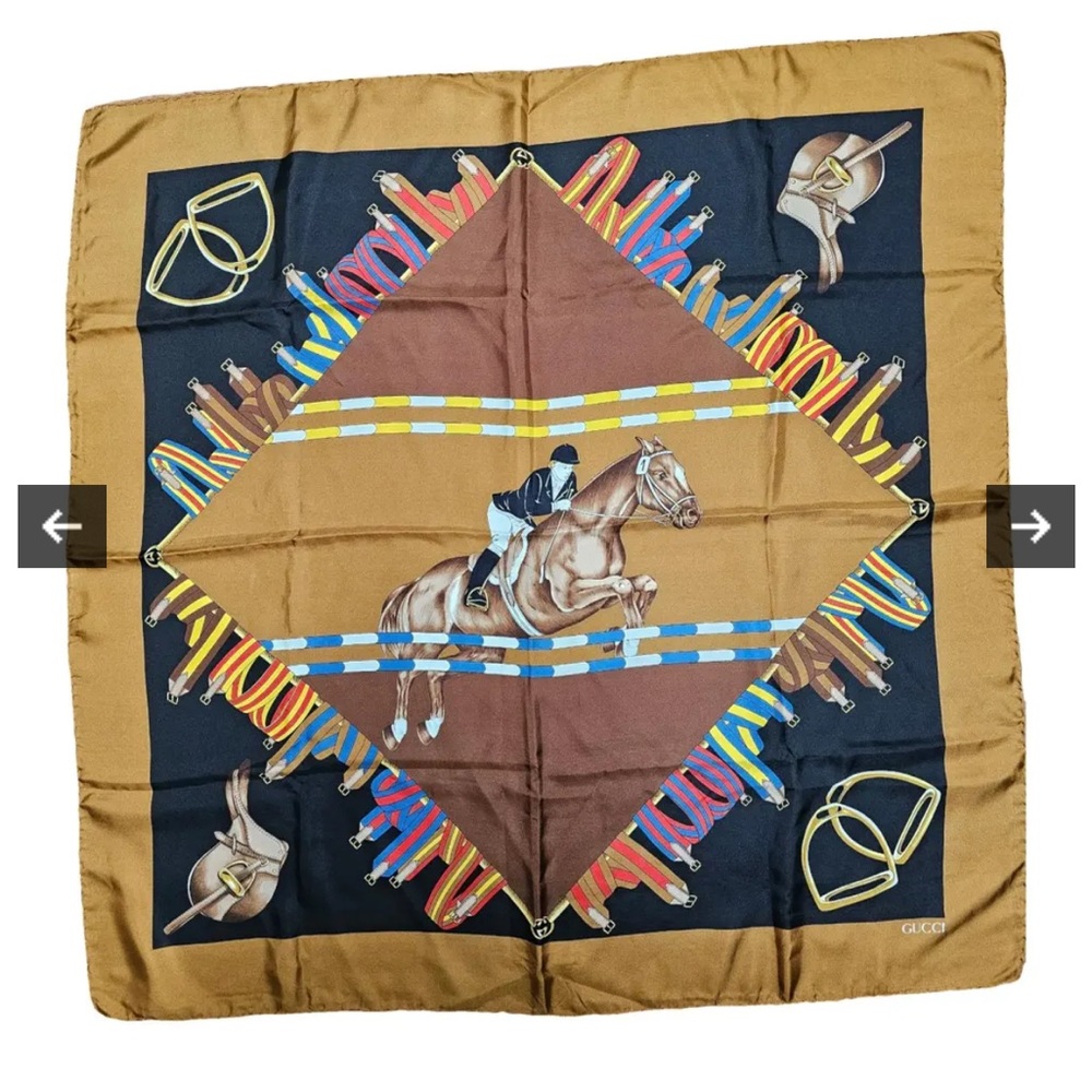 Gucci 100% Silk Equestrian Golden Brown Square Scarf Luxury Designer Horse Print - Picture 2 of 7